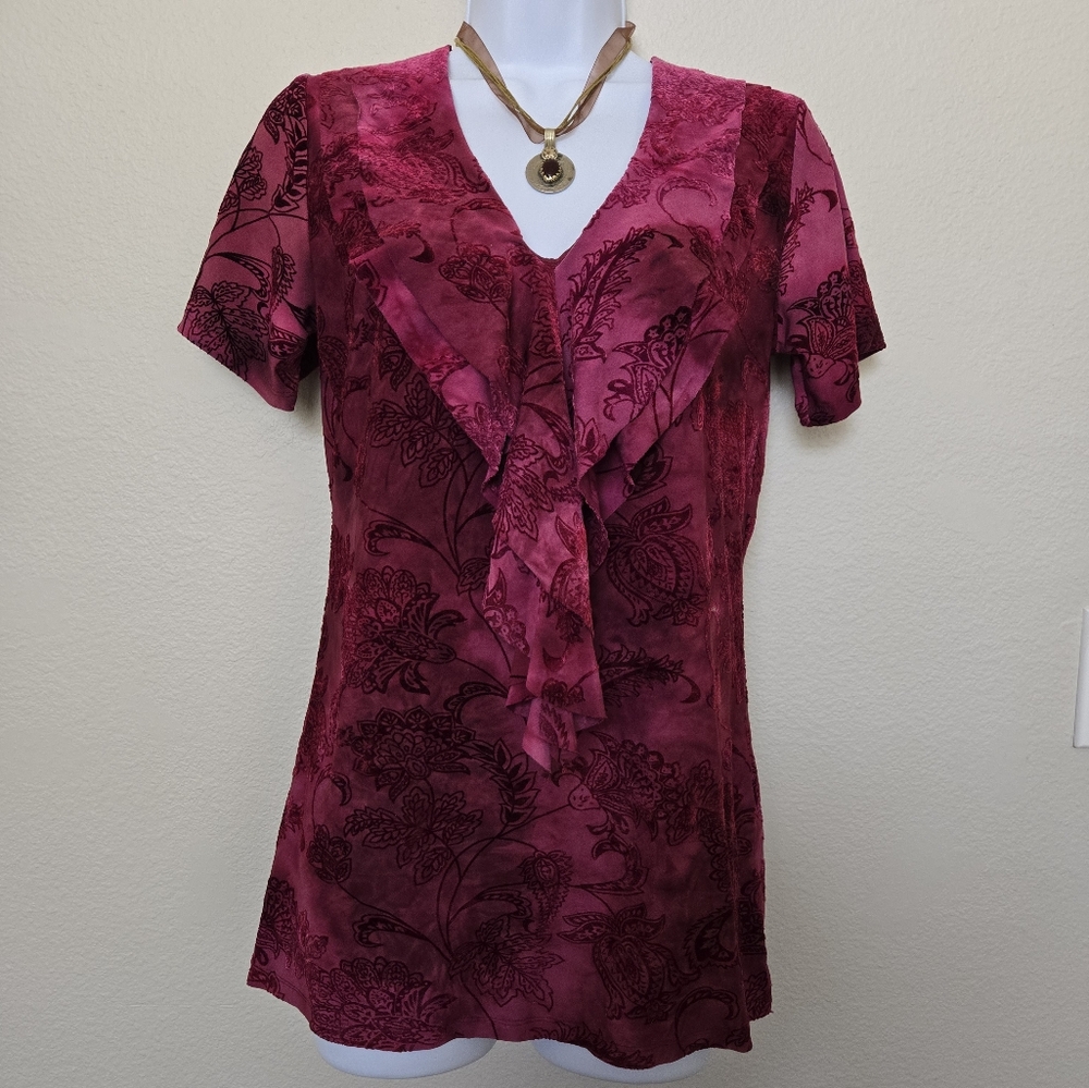 Vintage Y2K Burgundy Whimsygoth Floral Paisley Ruffled Blouse Top Size Small